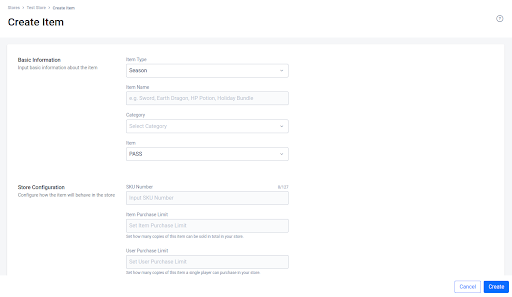 Create Pass Item form