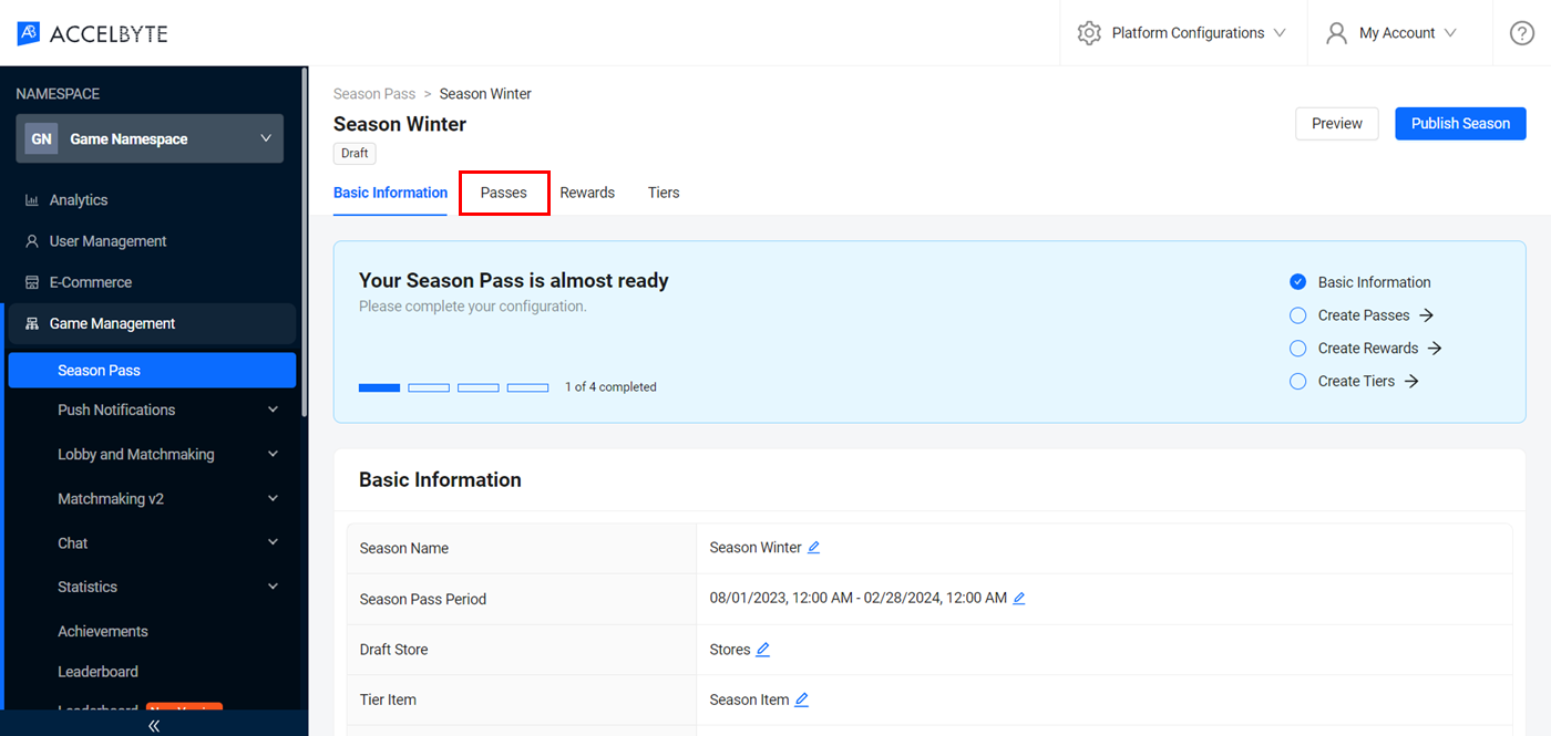 Season details page passes tab