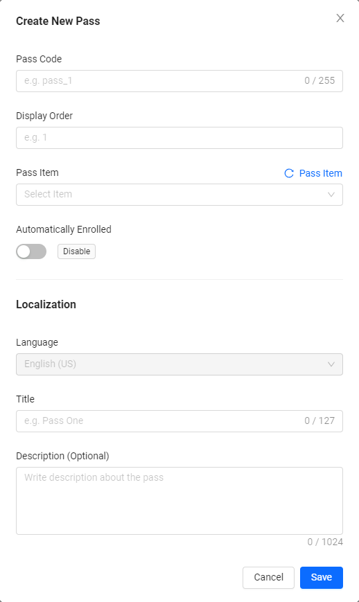 Season Pass Create new pass form