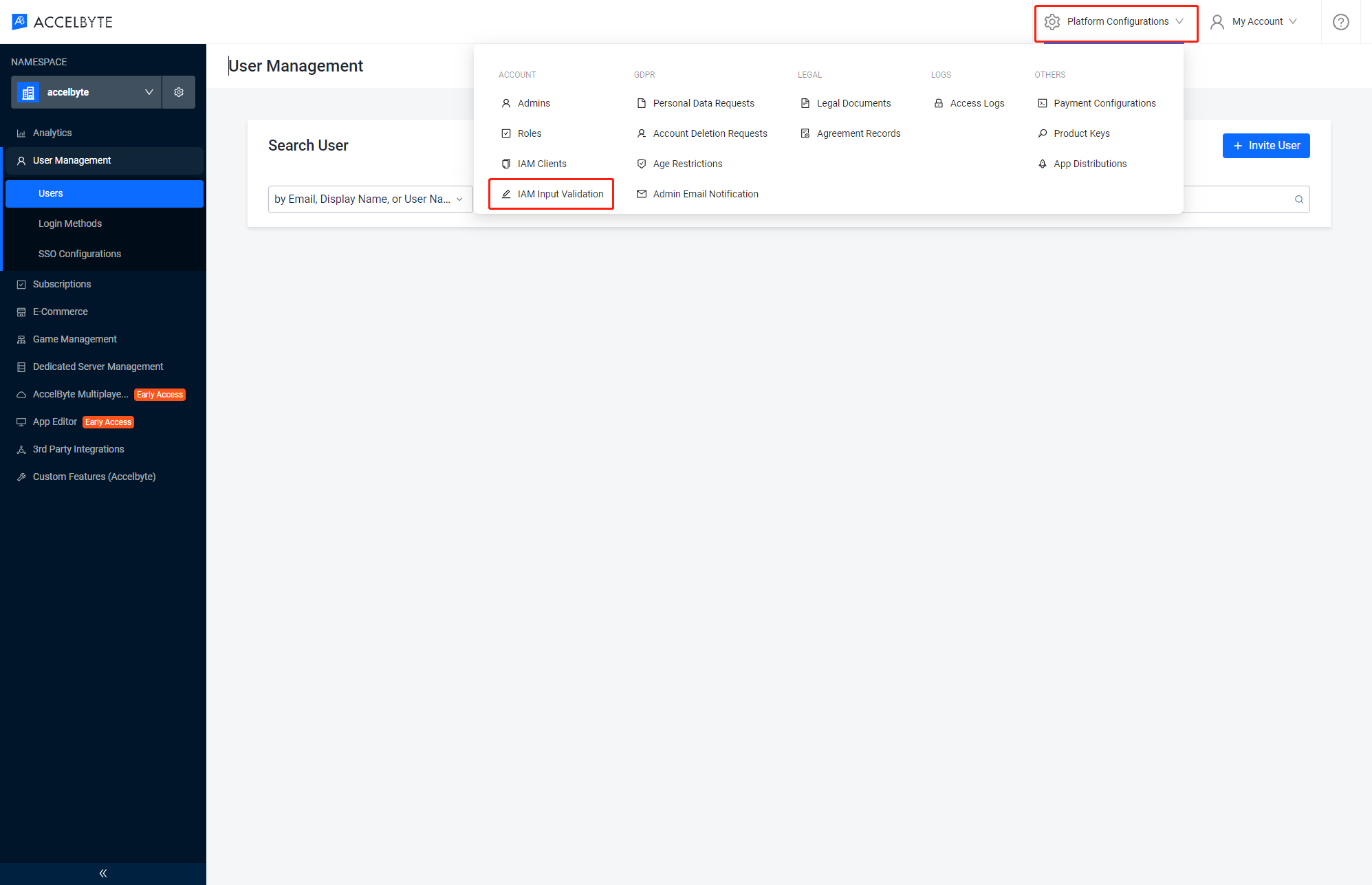 Image shows the AGS Admin Portal with Platform Configurations and IAM Input Validation highlighted for usernames