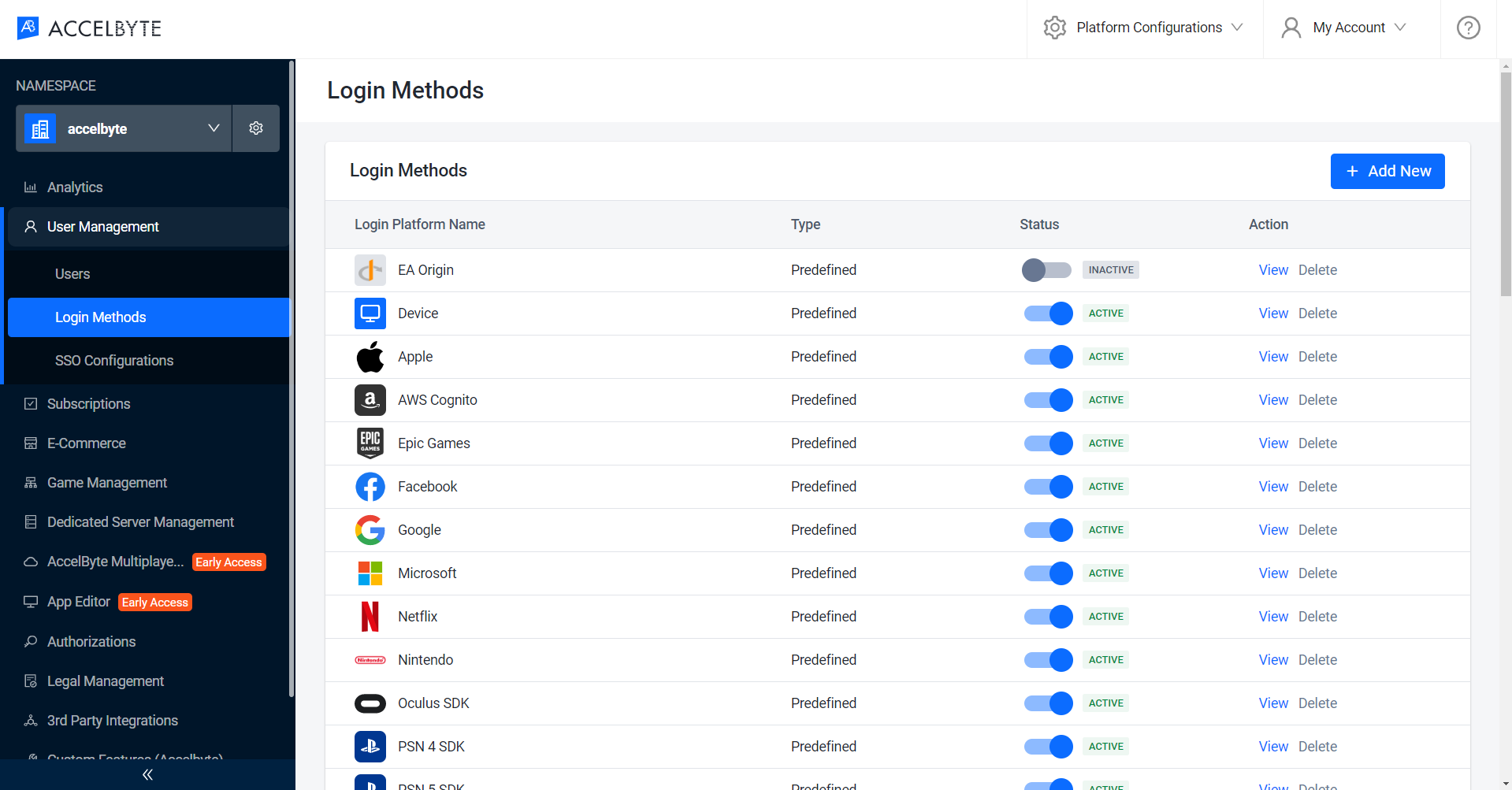 Image shows the Login Methods page