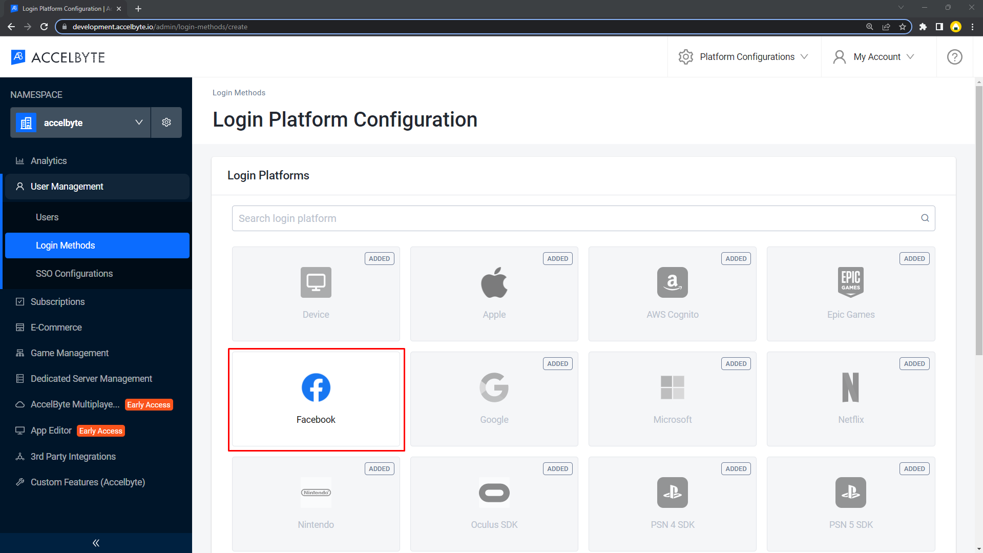 Facebook login