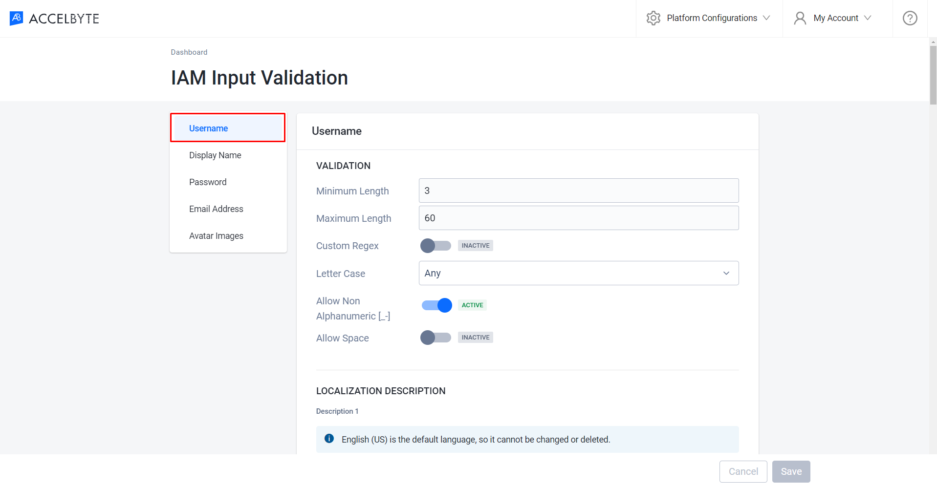 Image shows IAM Input Validation page with Username highlighted