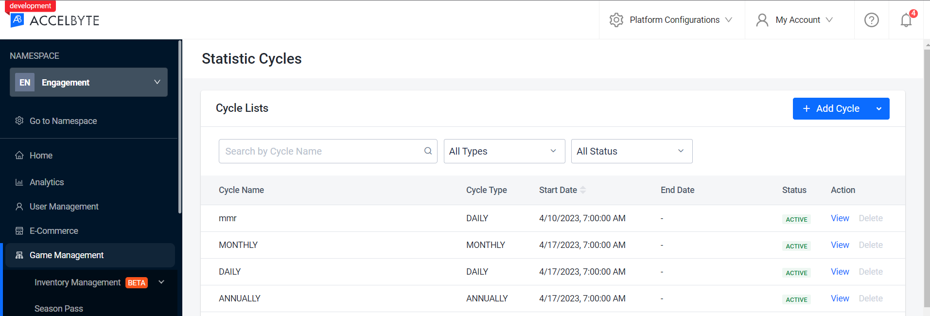 cycle list in admin portal