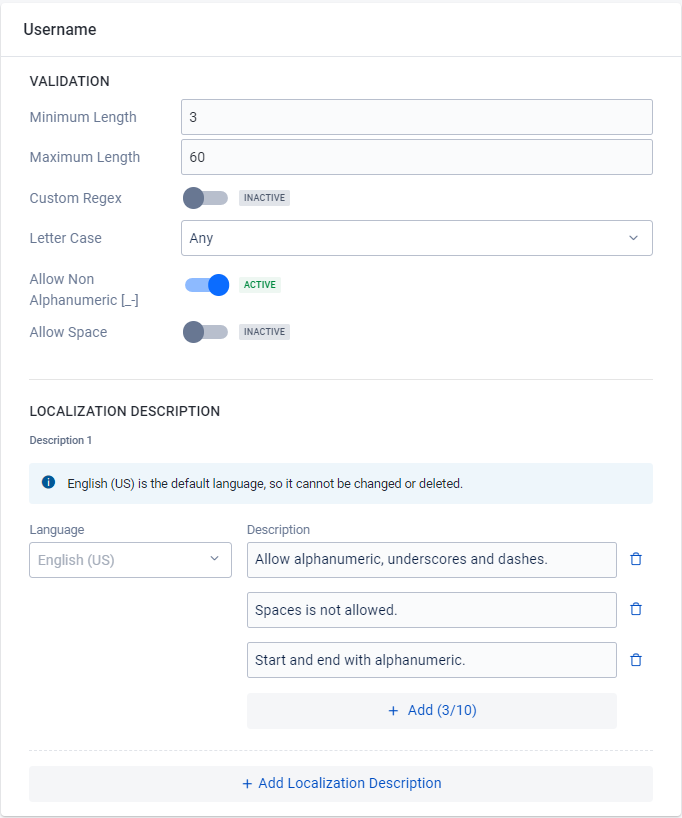 Image shows IAM Input Validation Username fields