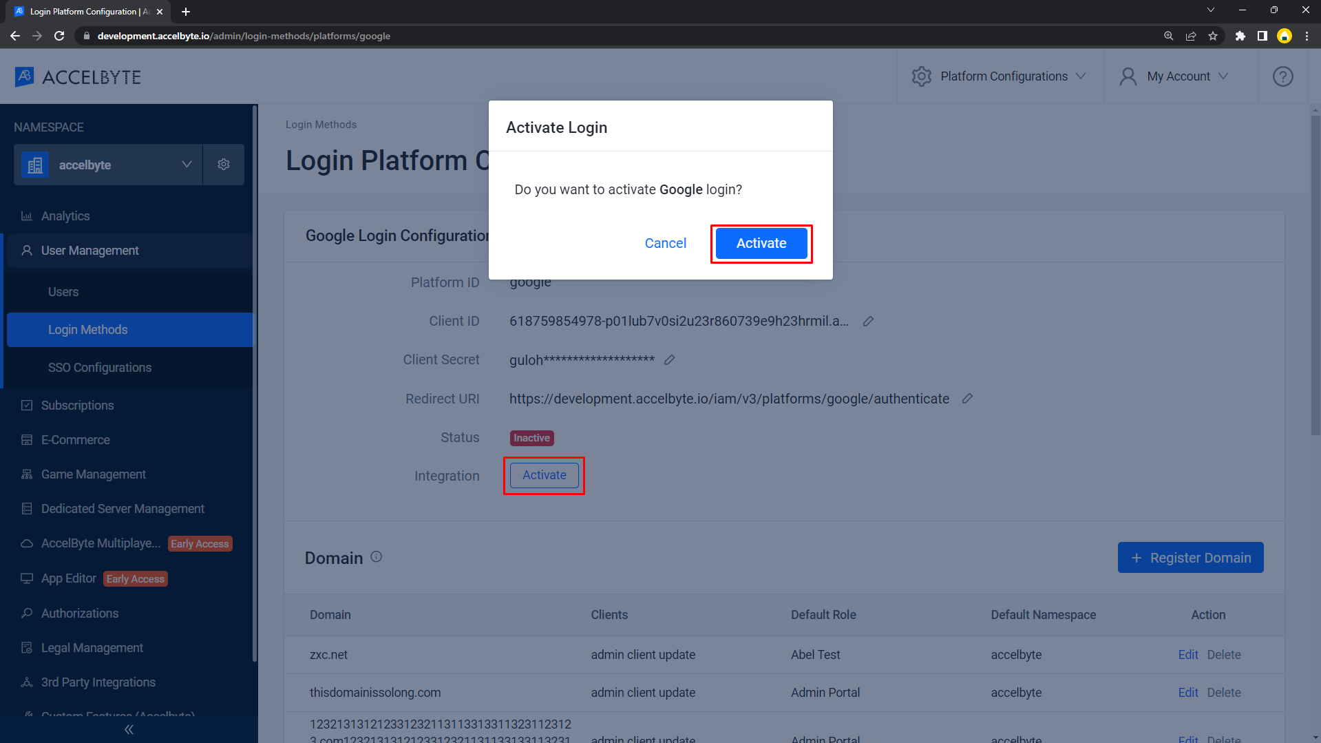 Activate Google login method