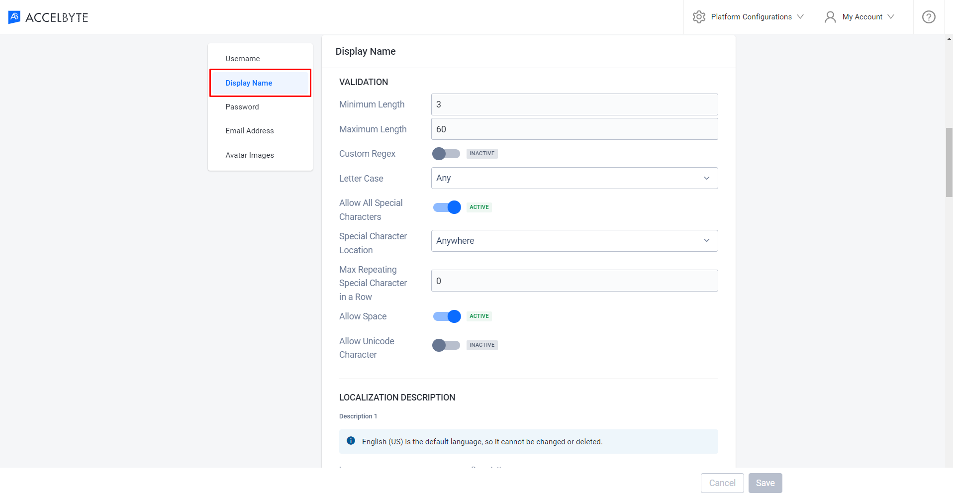 Image shows IAM Input Validation page with Display Name highlighted