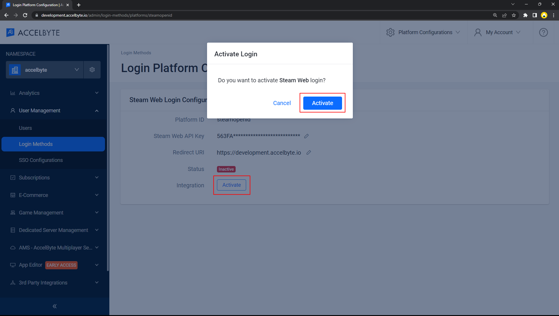 AGS Admin Portal Steam web login activate