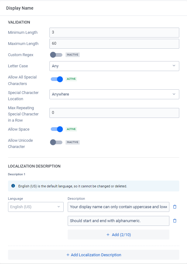 Image shows IAM Input Validation Display Name fields