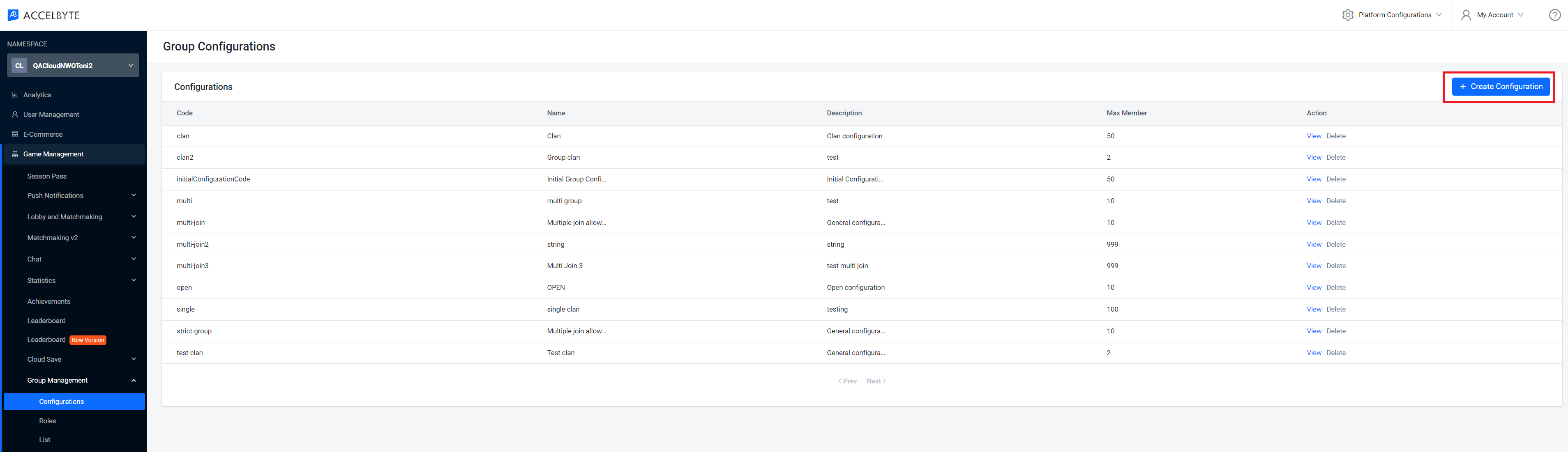 Image shows the Create Configuration button highlighted on the Group Configurations page in the AGS Admin Portal