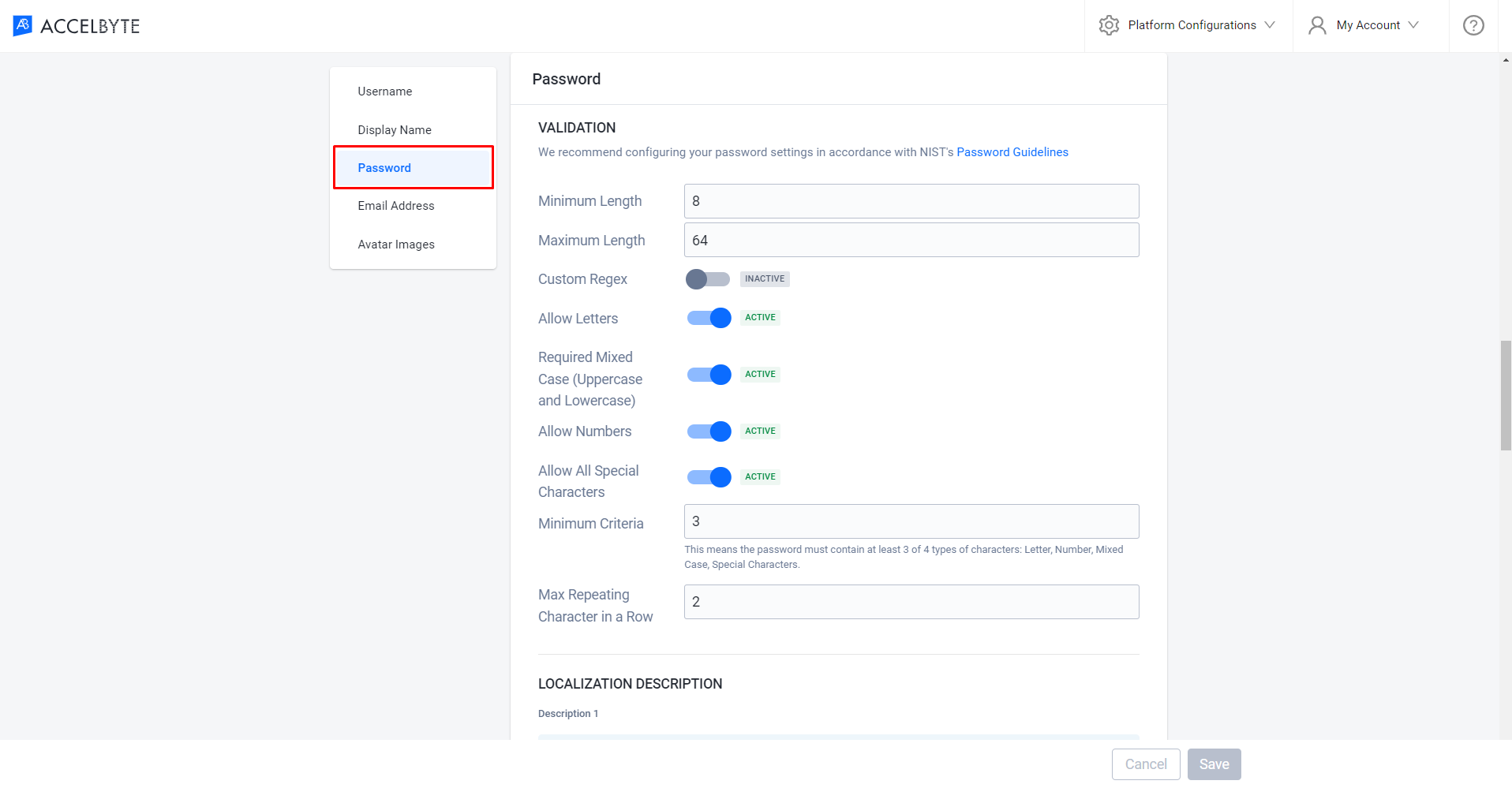 Image shows IAM Input Validation page with Password highlighted