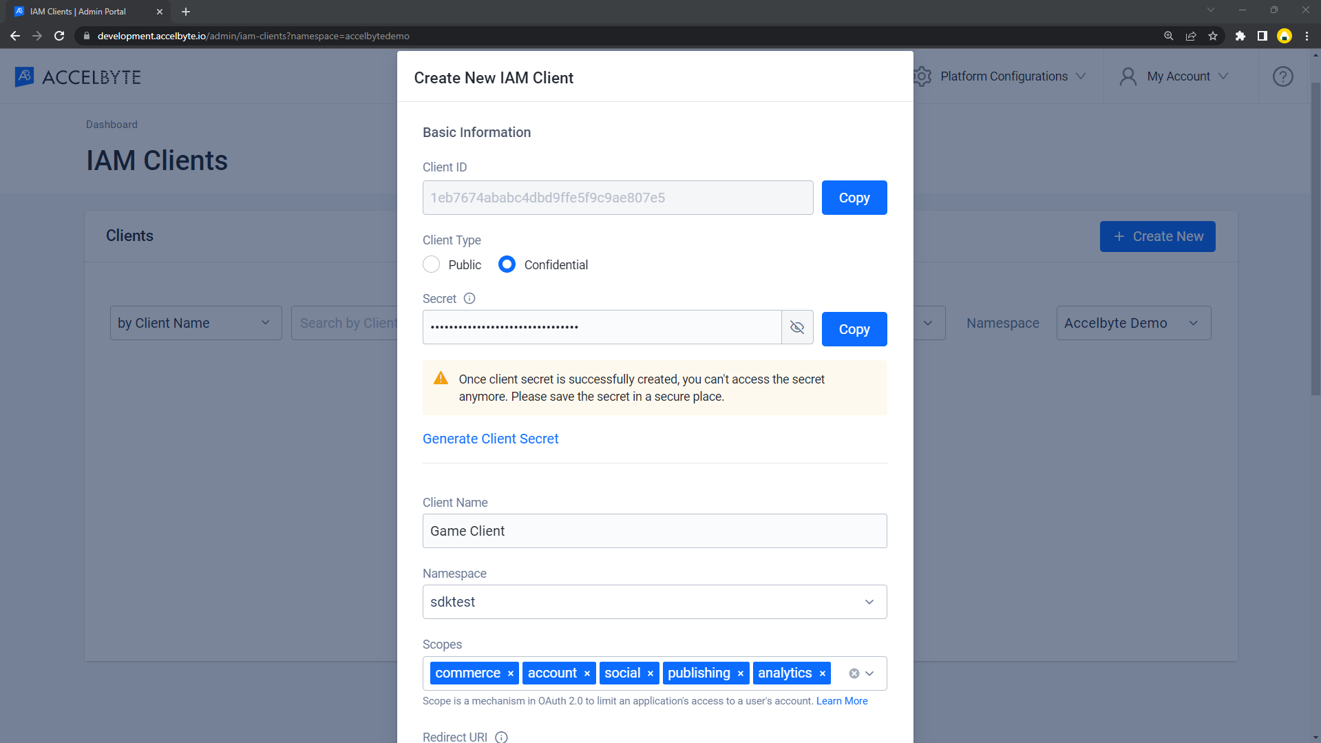 Image shows the upper part of the Create new IAM Client form