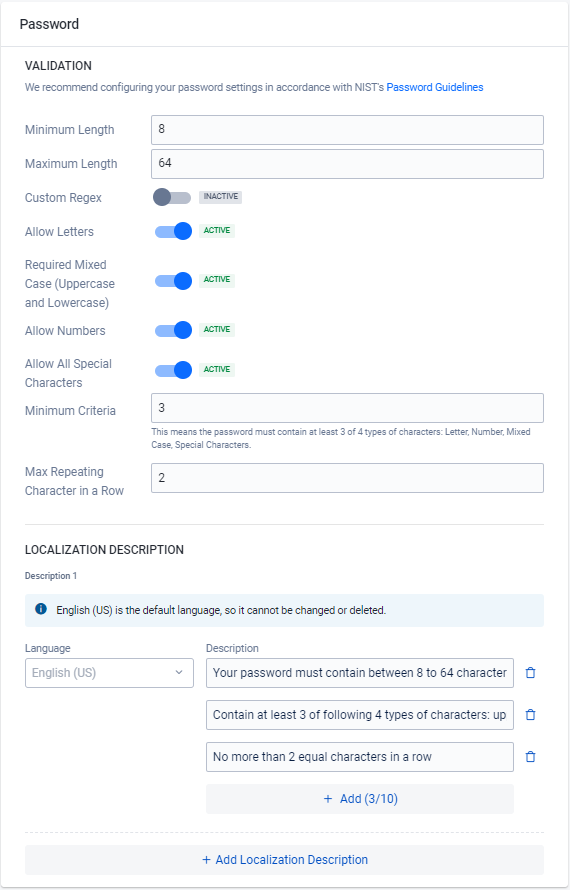 Image shows IAM Input Validation Password fields