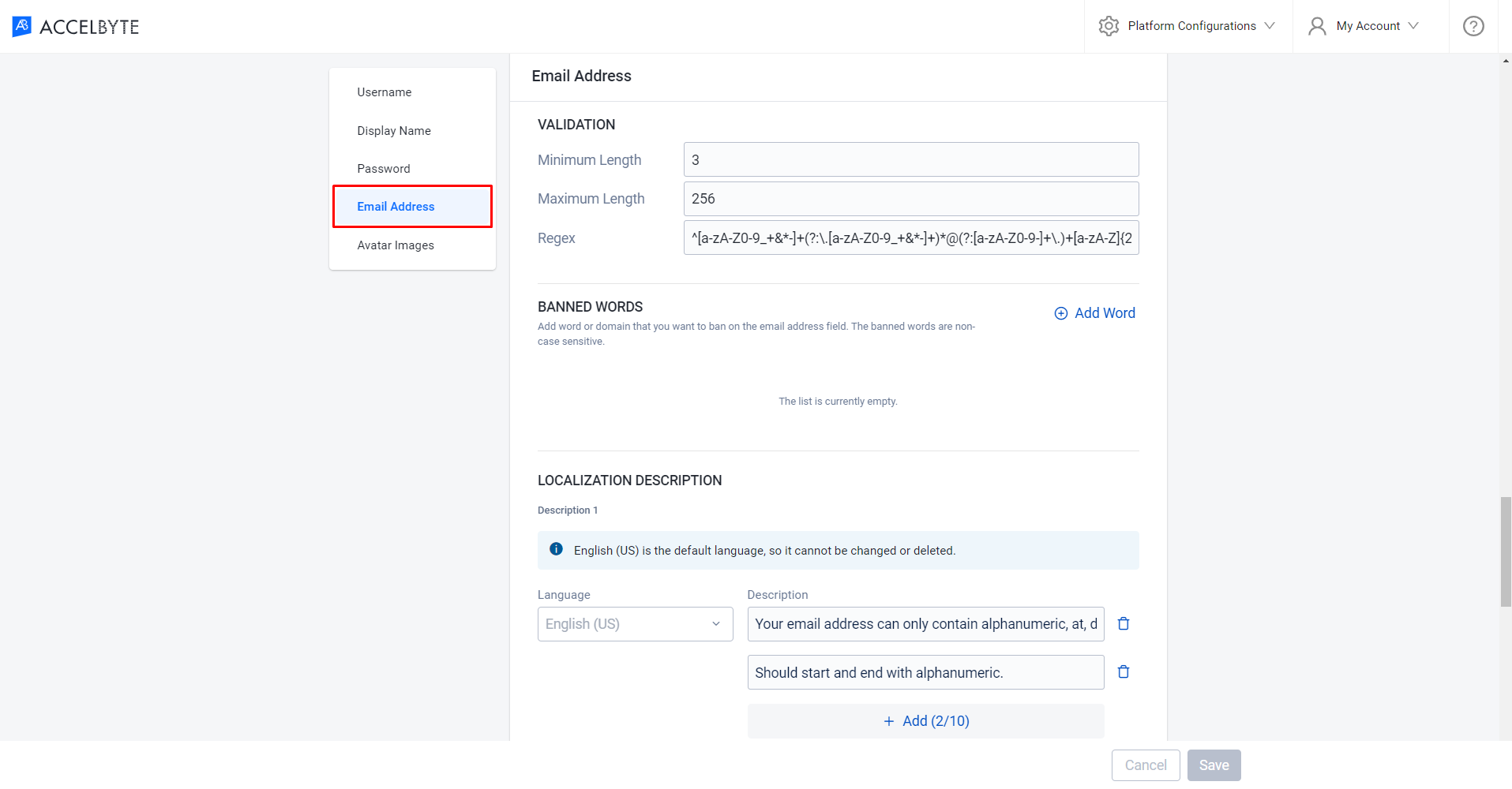 Image shows IAM Input Validation page with Email highlighted