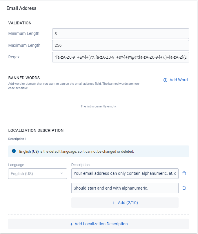 Image shows IAM Input Validation Email fields