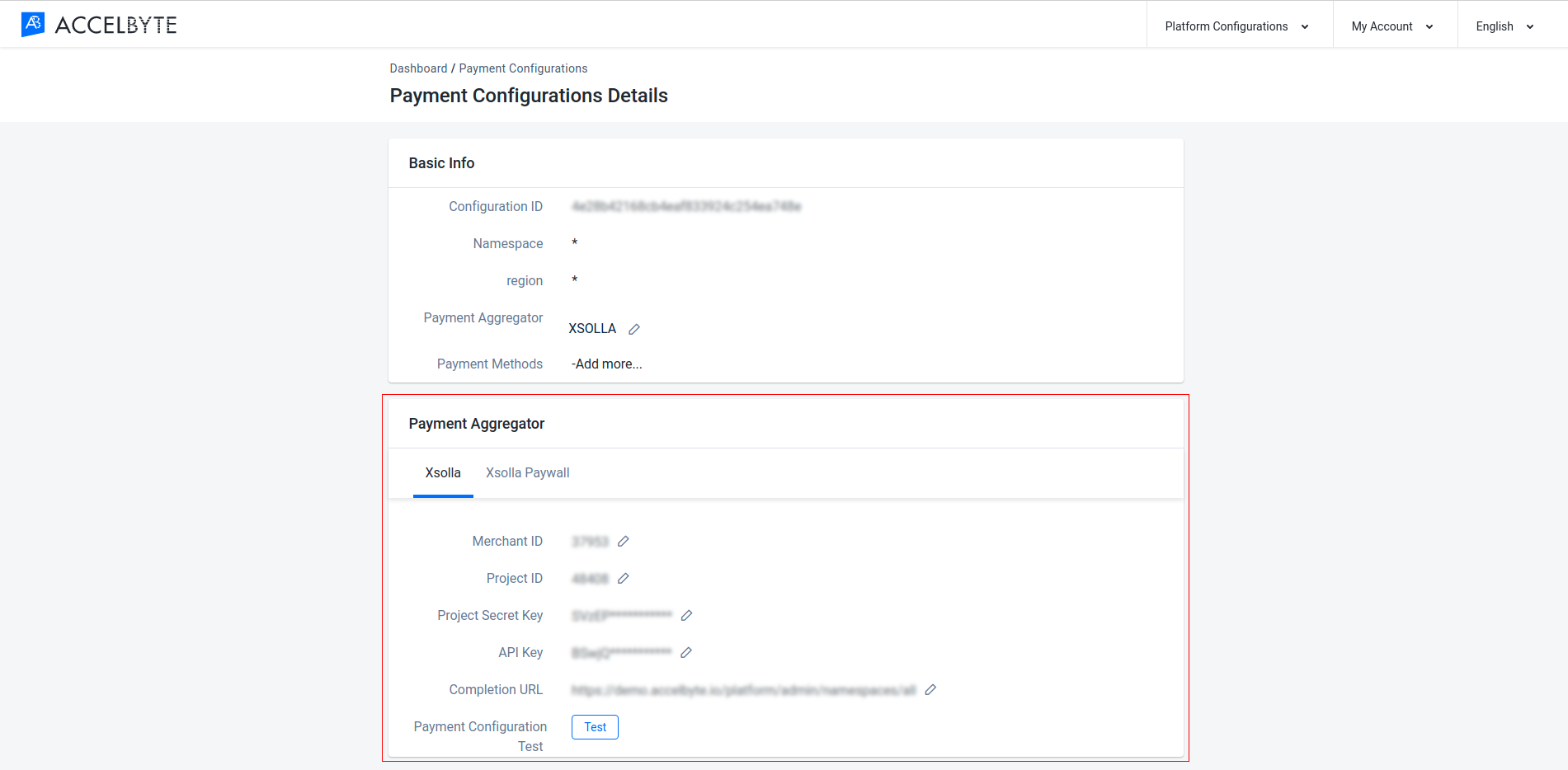 fill out payment configuration details for Xsolla