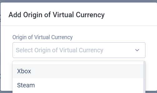 Image shows the Virtual Currency Origin dropdown