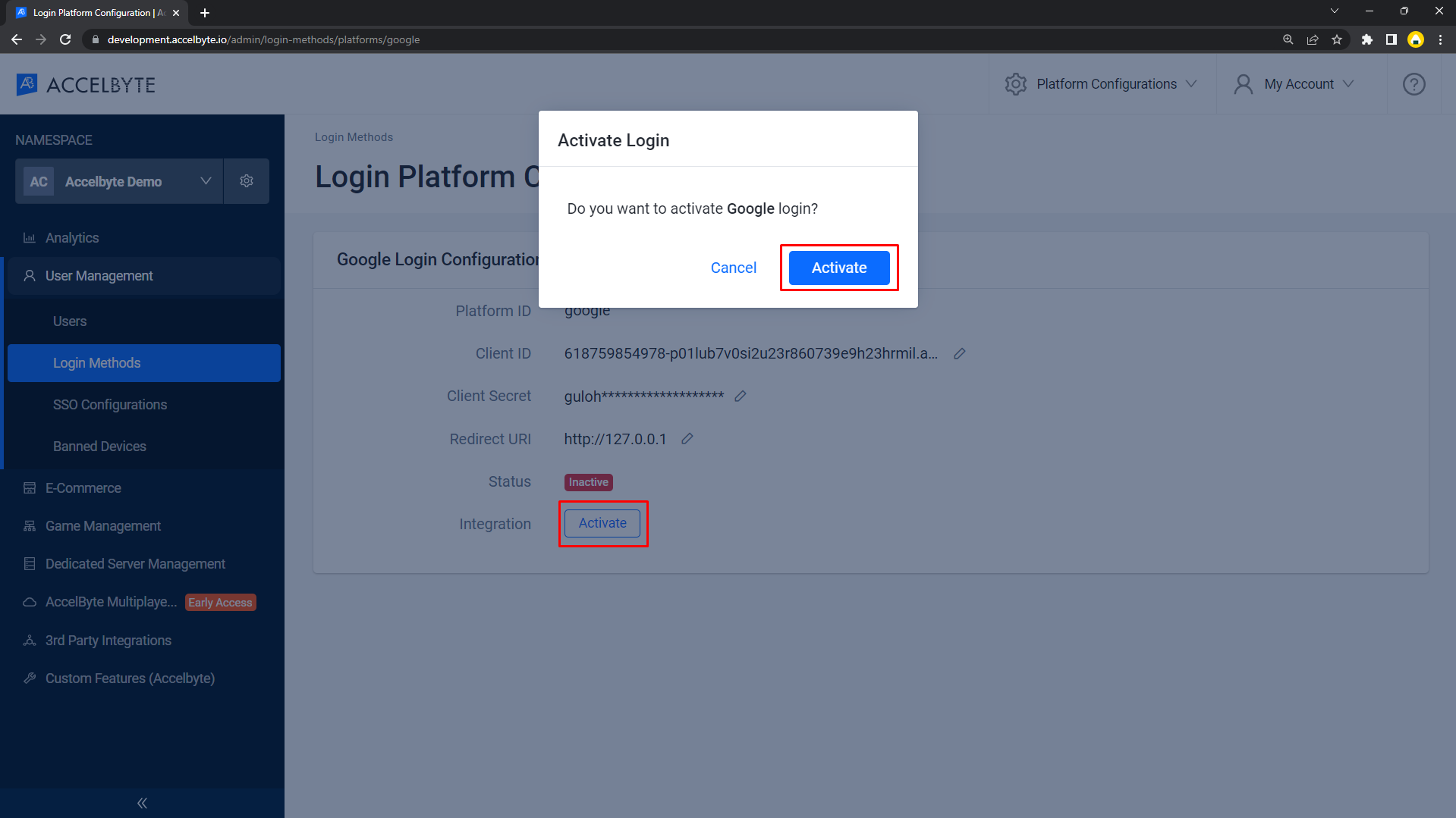 Activate Google Game server login method