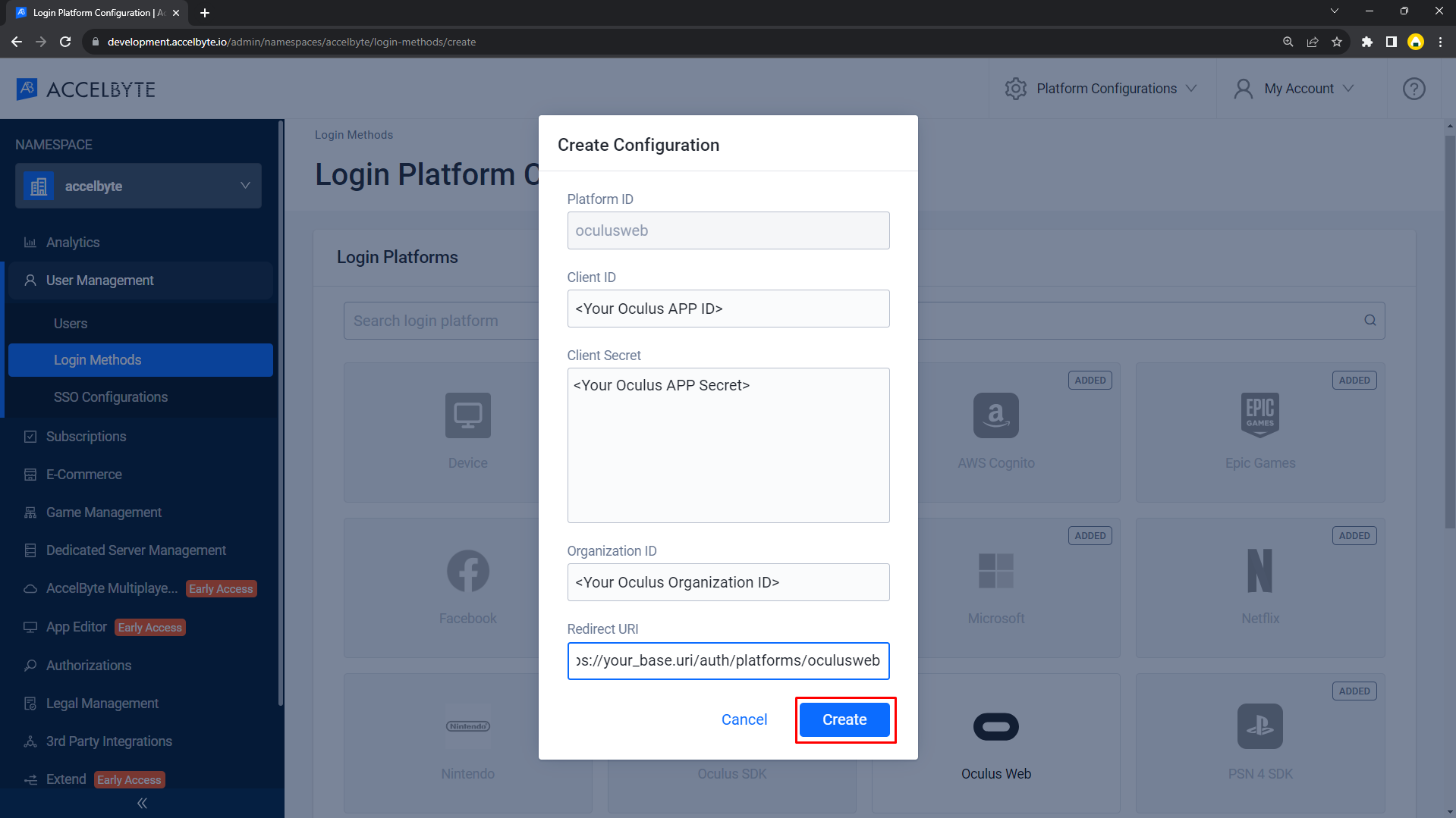 Image shows the Create Configuration form