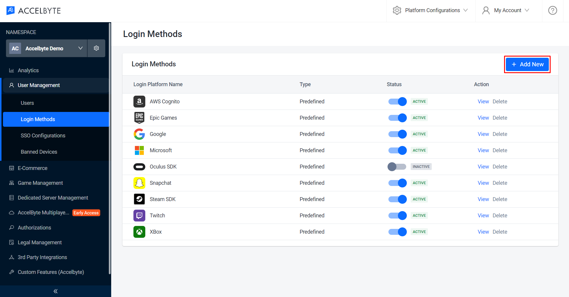 Image shows the Login Methods page