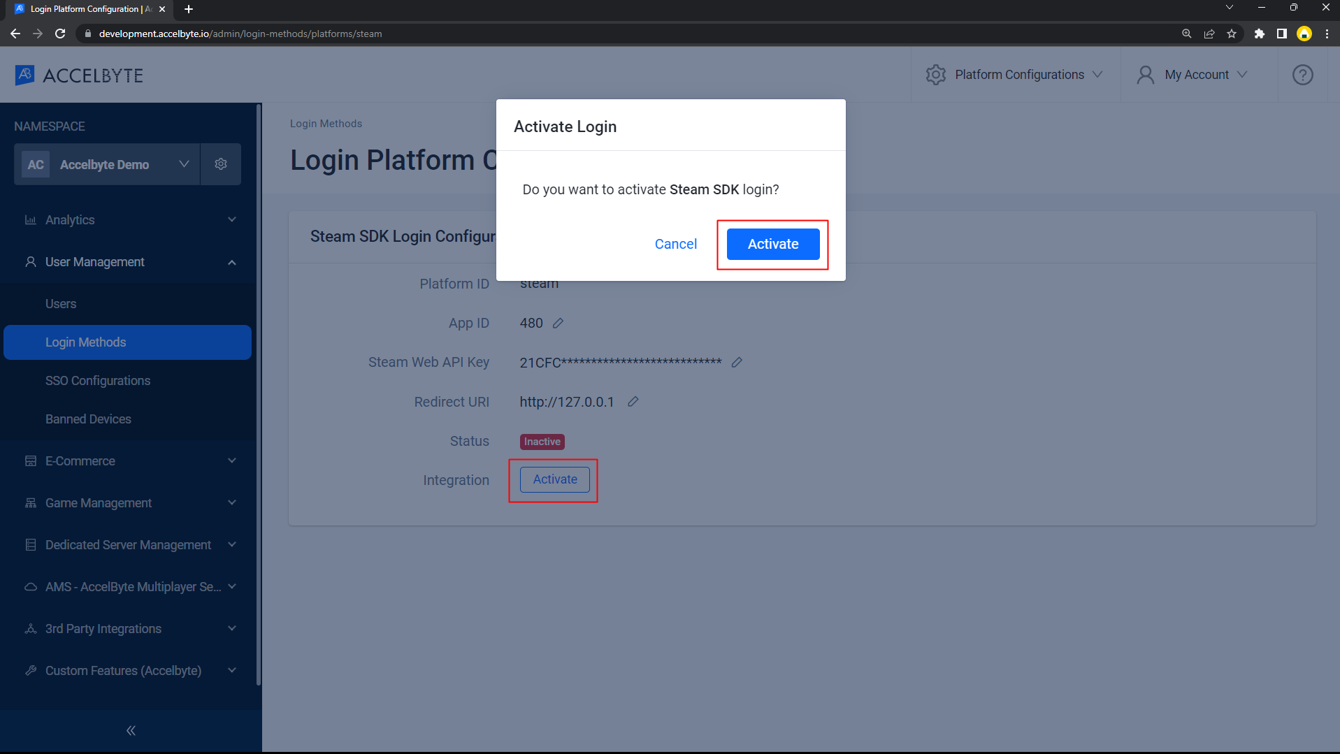 AGS Admin Portal Steam SDK login activate