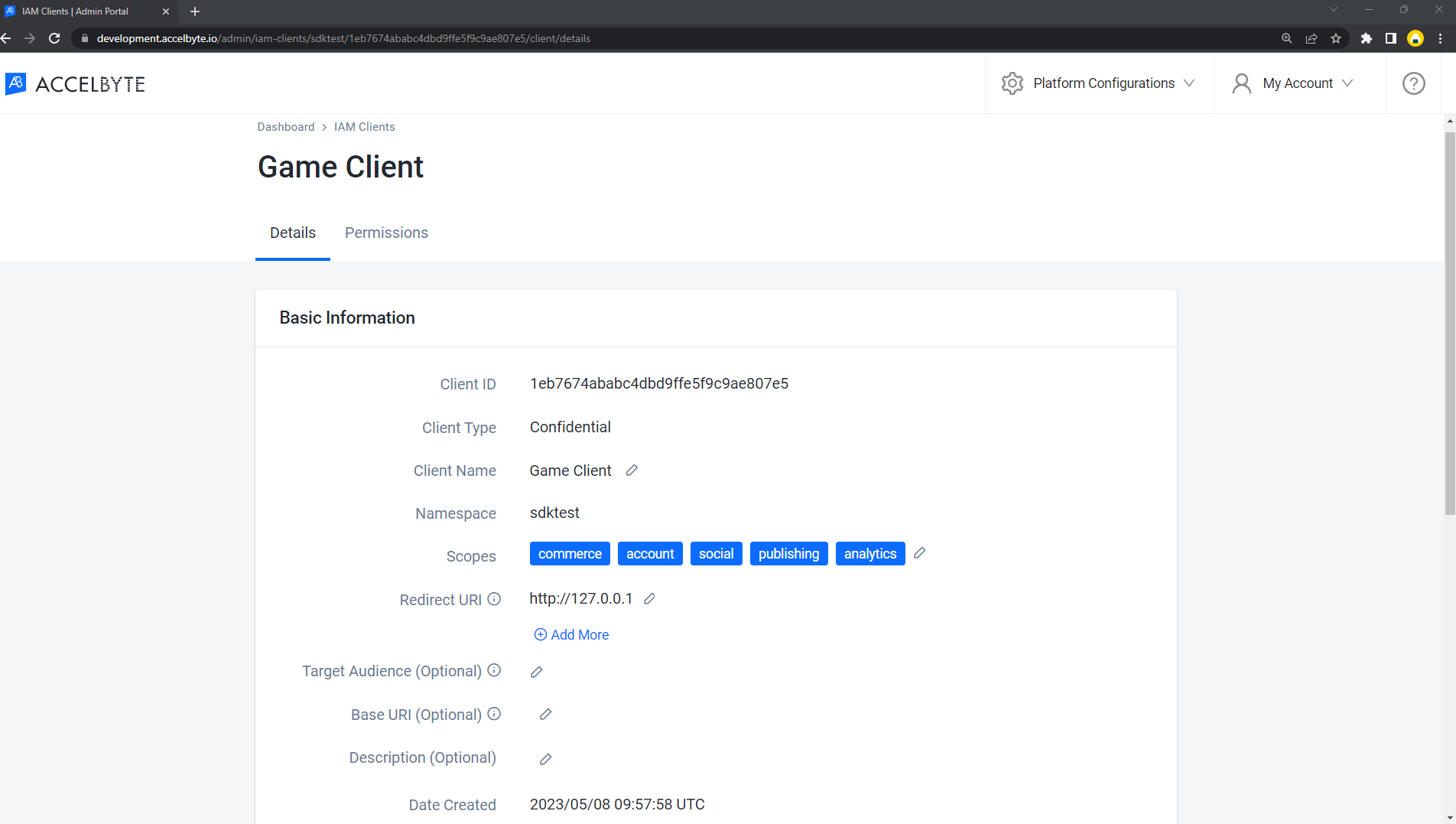 game client IAM details page