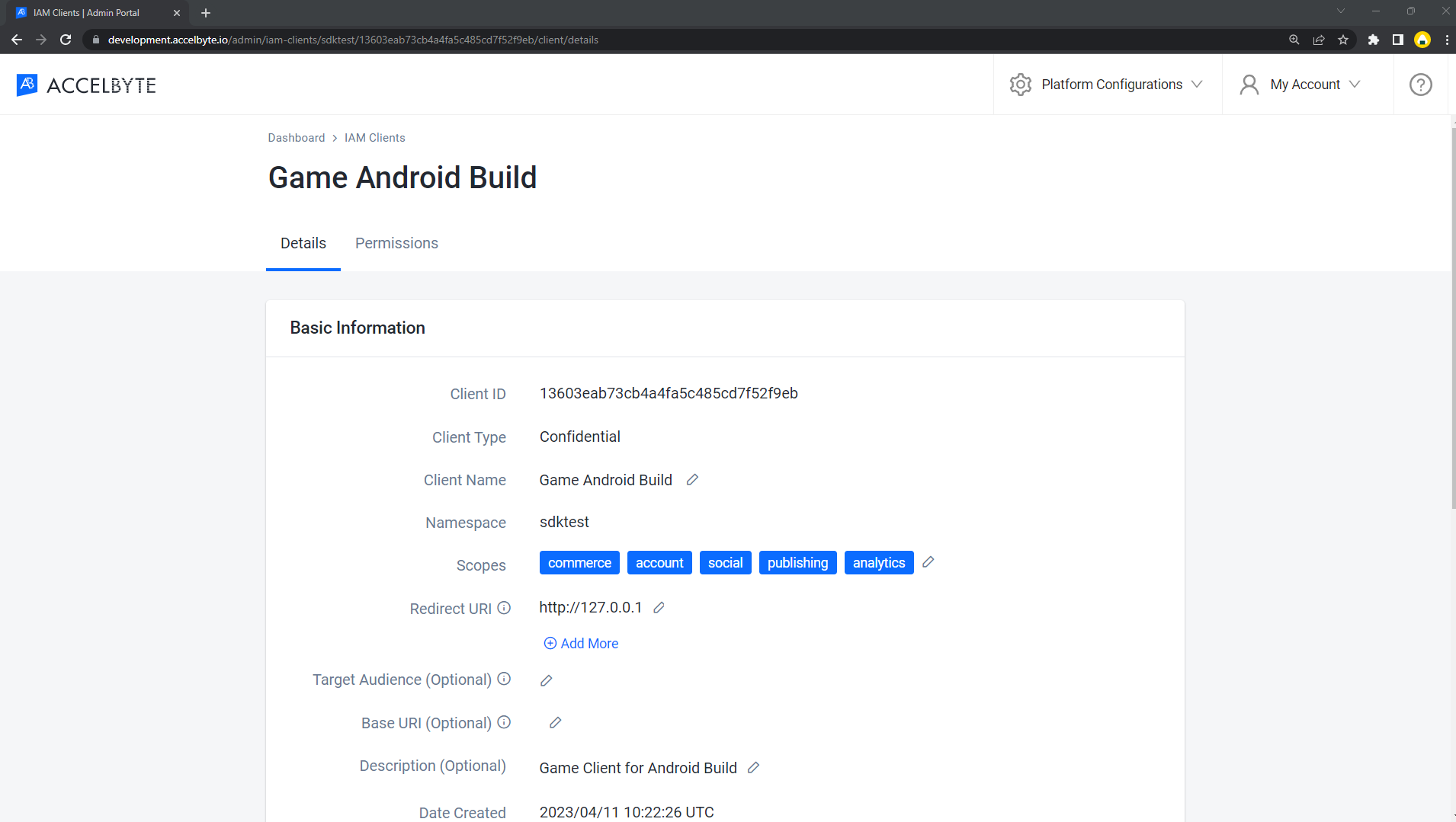 IAM Client game Android builds details tab