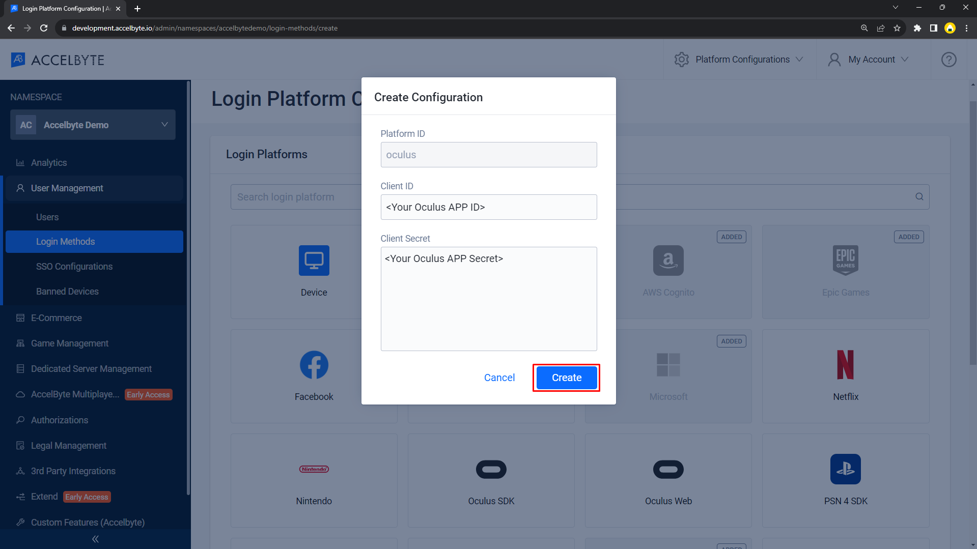 Image shows the Create Configuration form