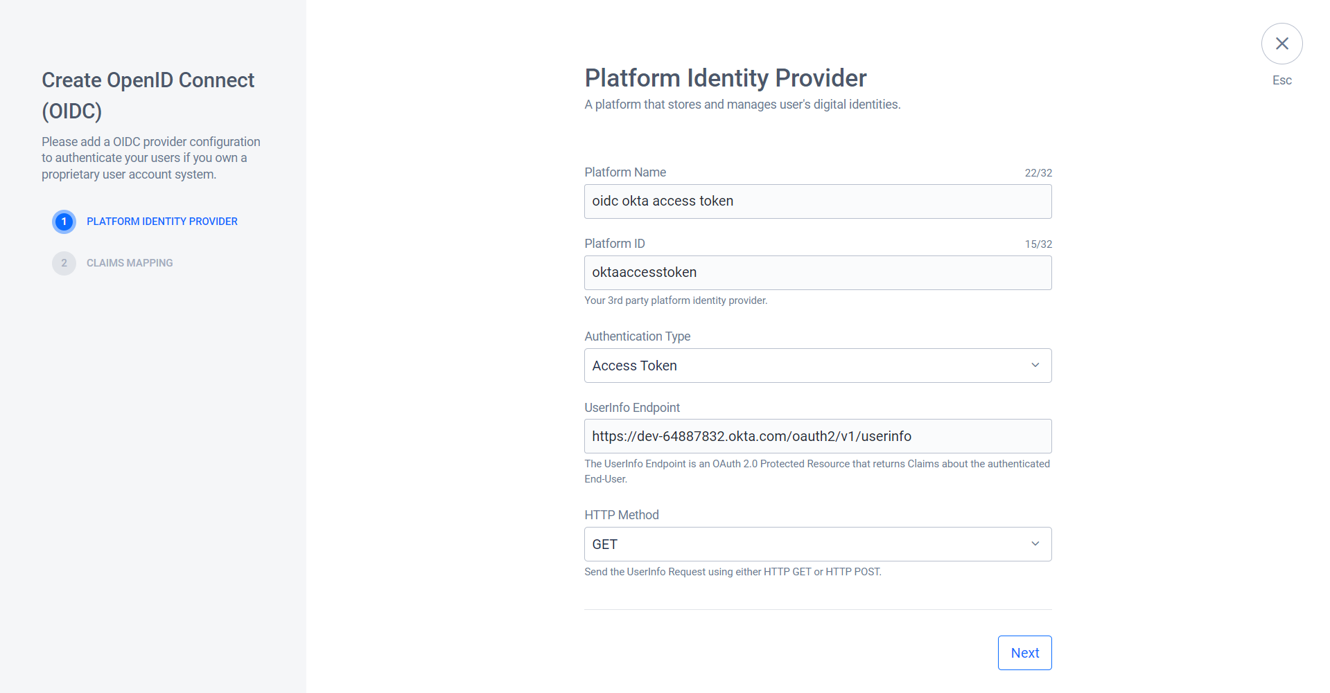 Image shows the Create OIDC page