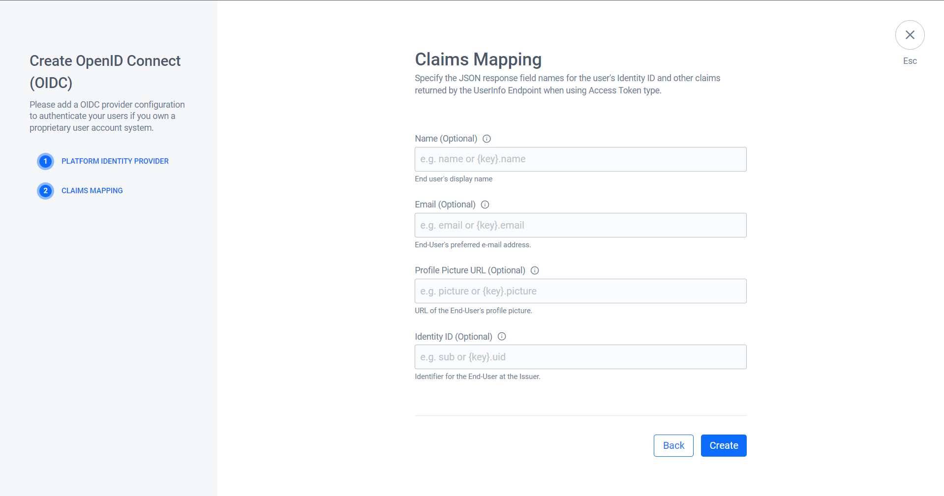 Image shows the Token Claims Mapping form