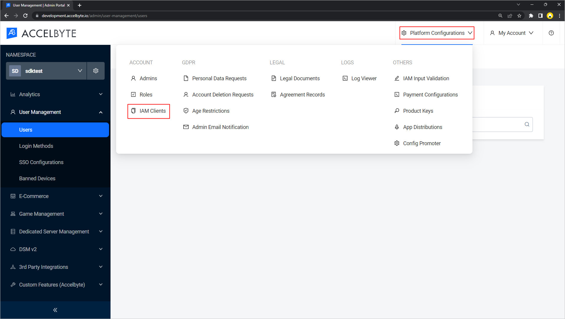 Image shows the IAM Clients button on the Platform Configurations page