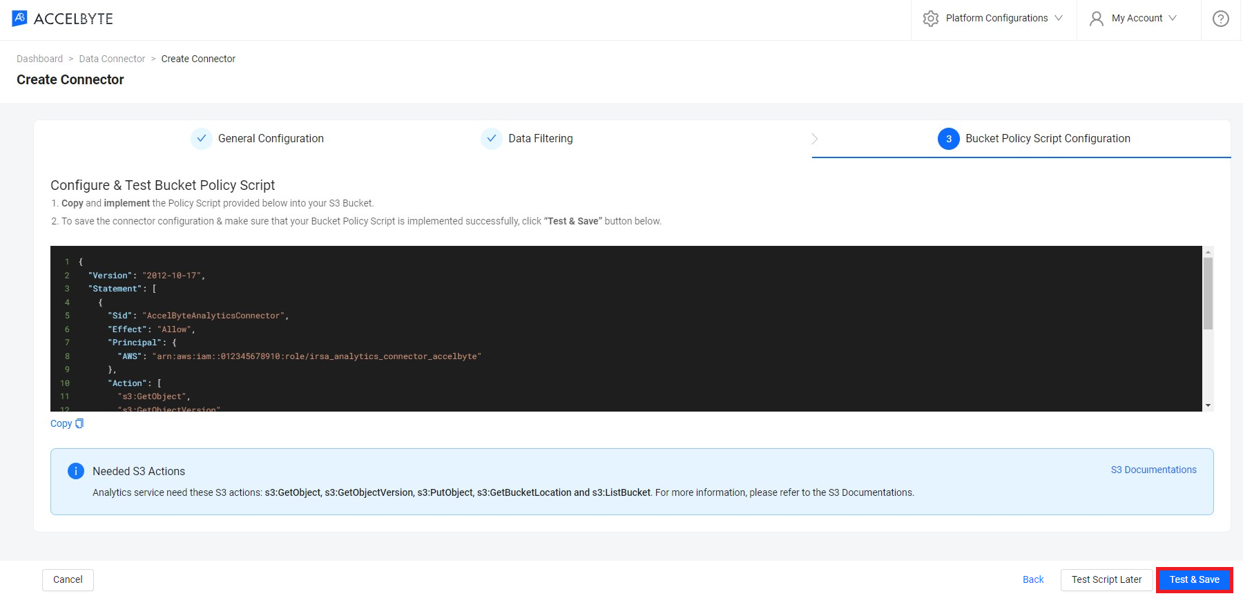 Image shows the Bucket Policy Script Configuration form