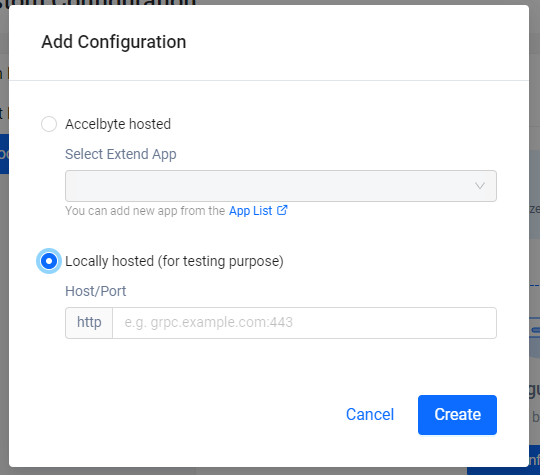 click to create locally hosted custom test configuration