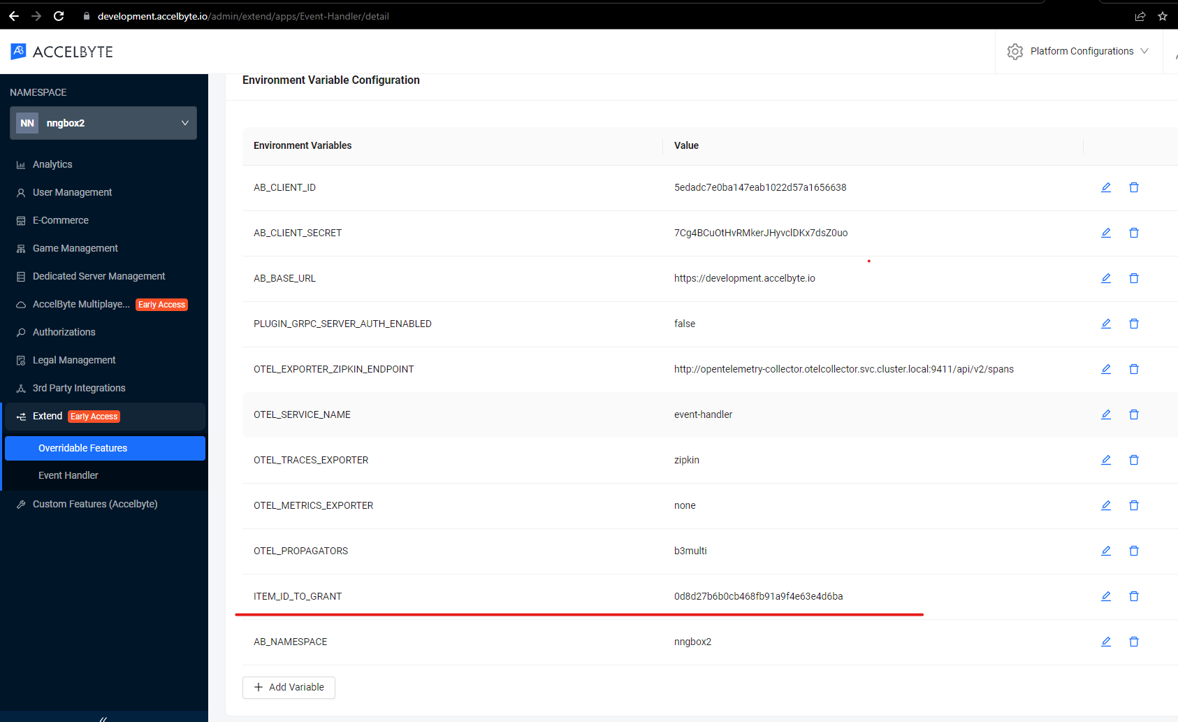 Event handler environment variable in AGS Admin Portal