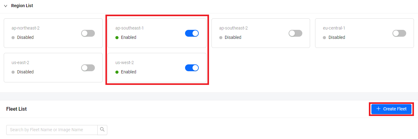 Create Fleet Enable Fleet Region step