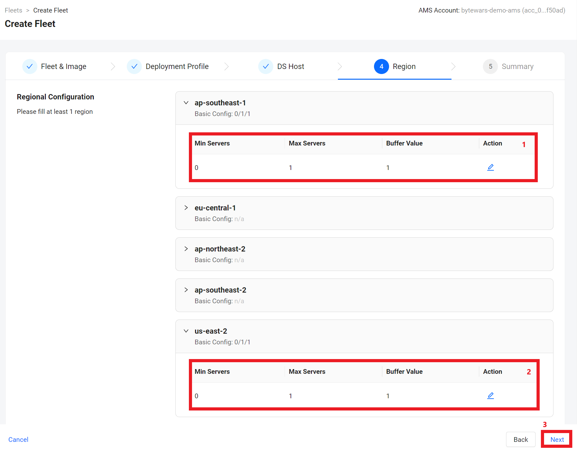 Create Fleet Regions step