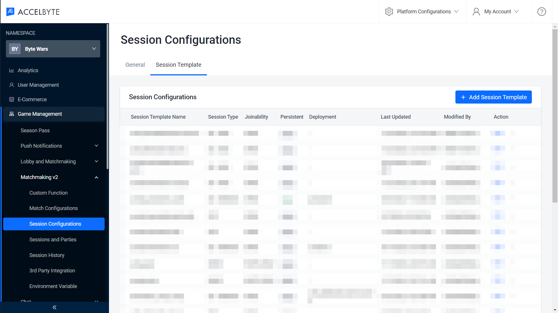 Session Template dashboard