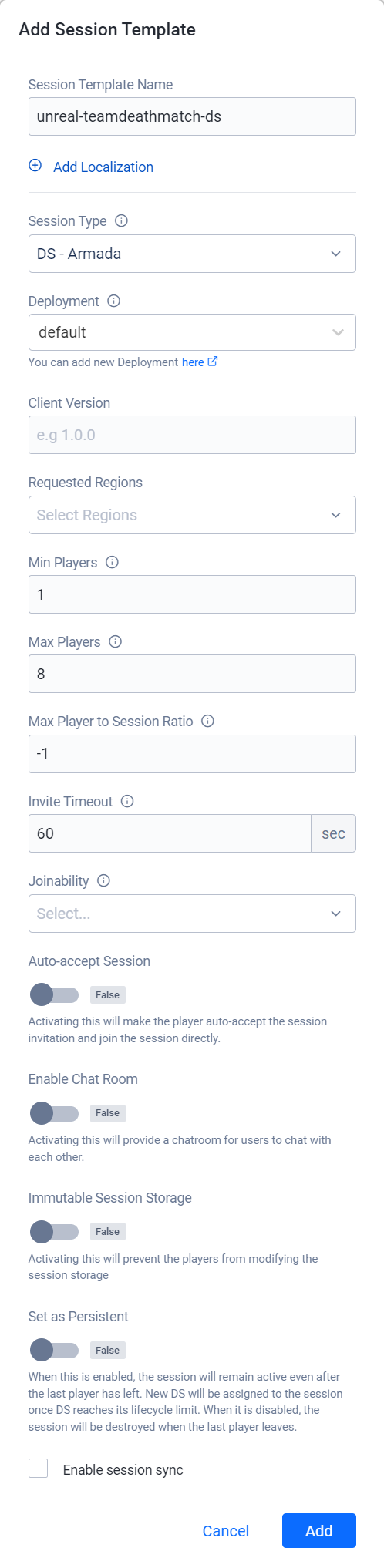 Session Template configurations for Team Deathmatch Match Session to dedicated server