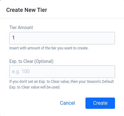 Season Pass create Tier form