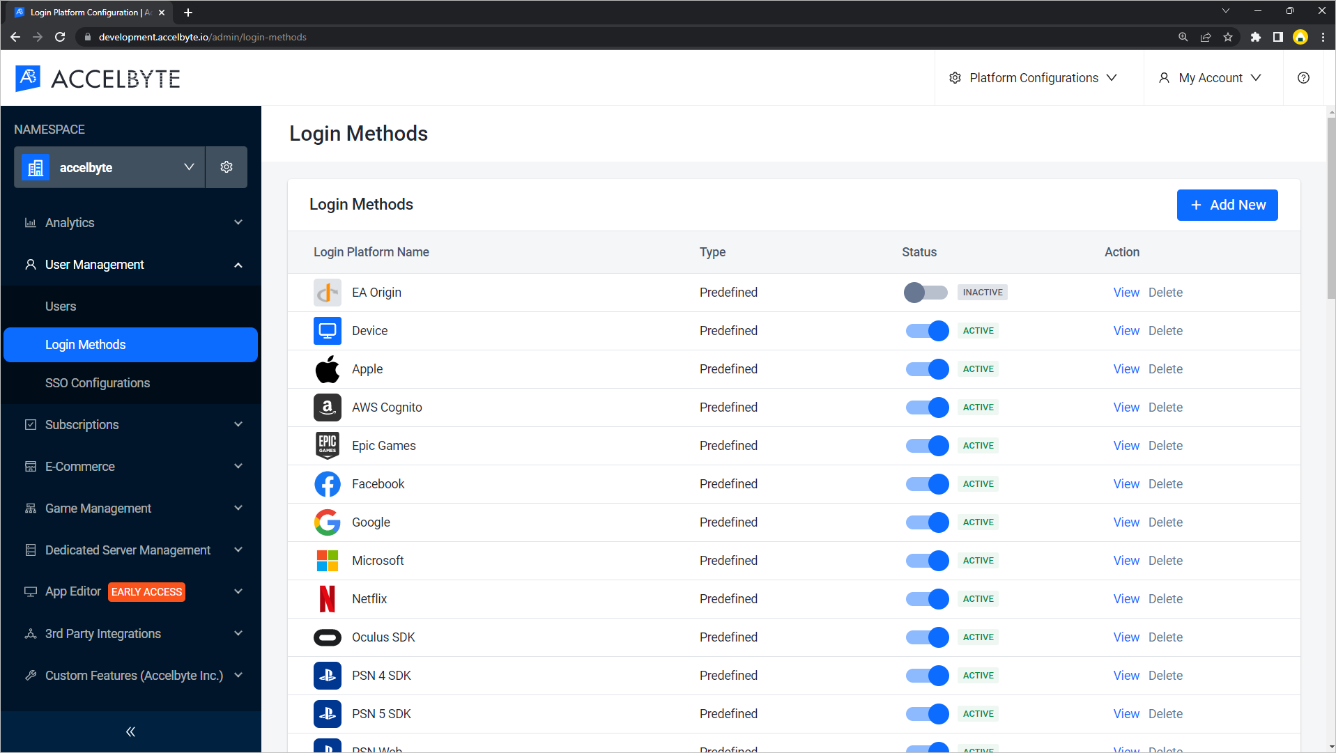 AGS Admin Portal - Login Methods list