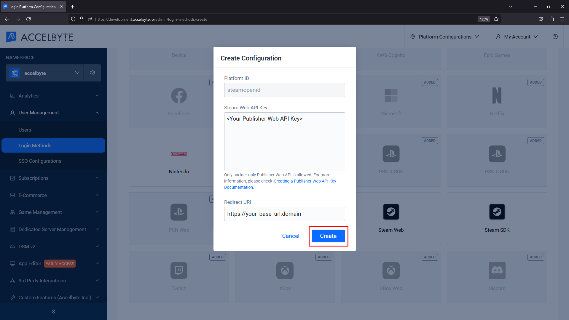 AccelByte Admin Portal web API key