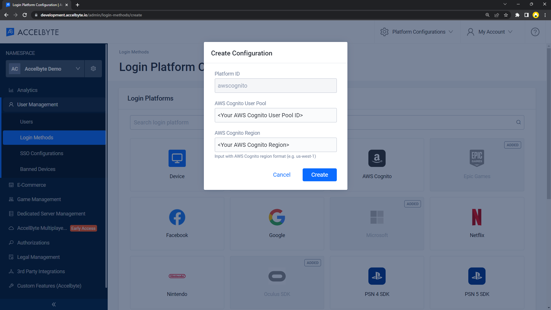 configure Amazon Cognito login