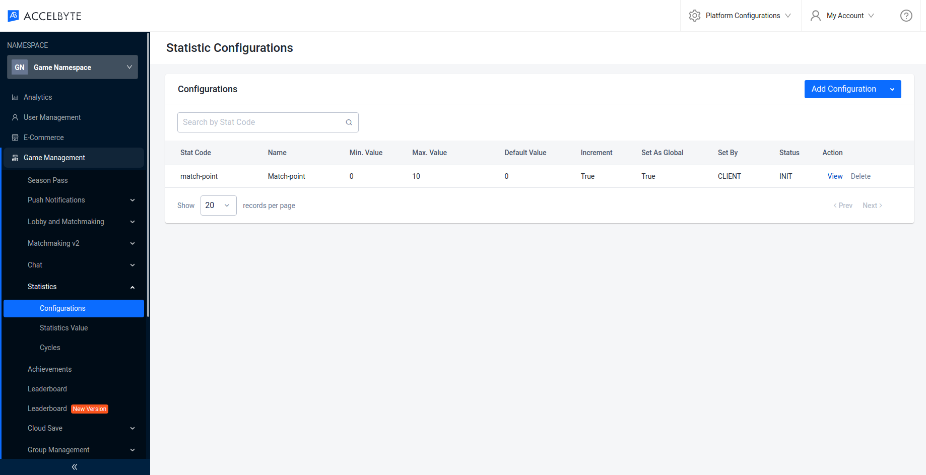 Image shows the Statistic Configuration page