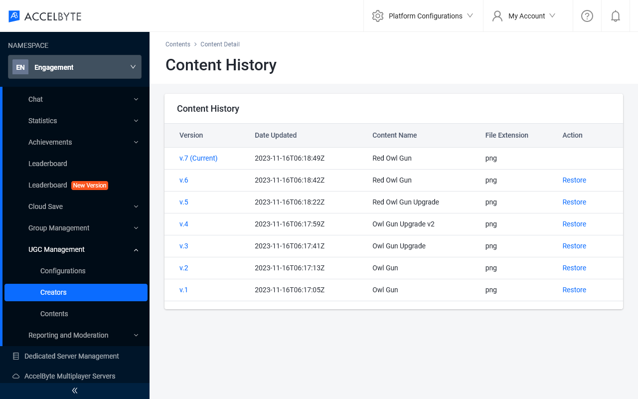 AGS Admin Portal Content history page