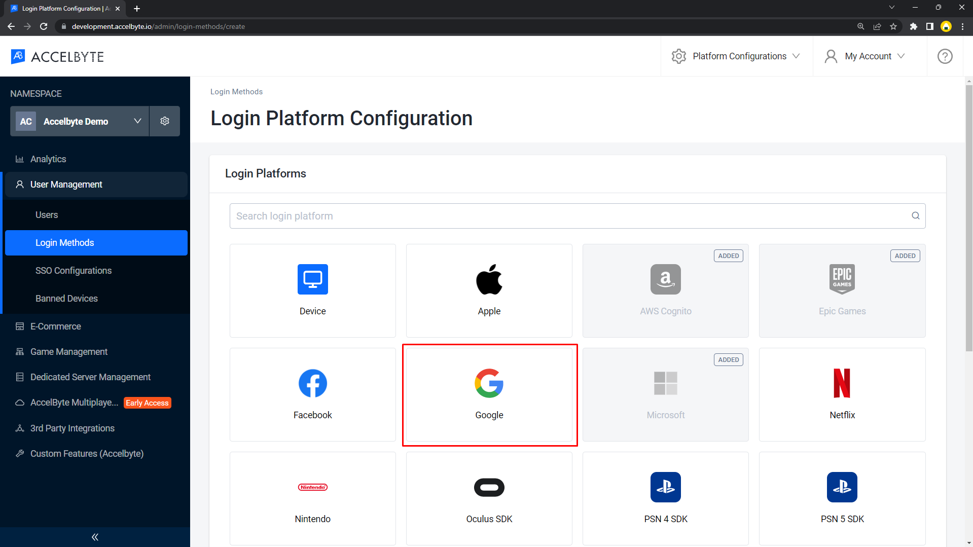 click Google icon for in-game login configuration