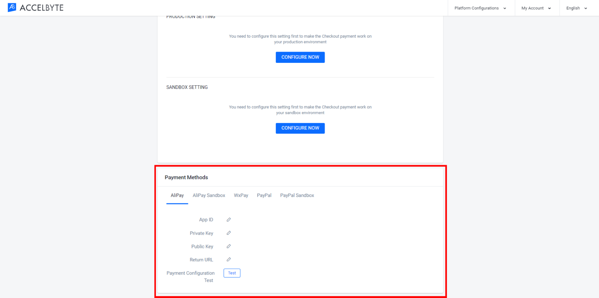 navigate to payment methods panel in admin portal