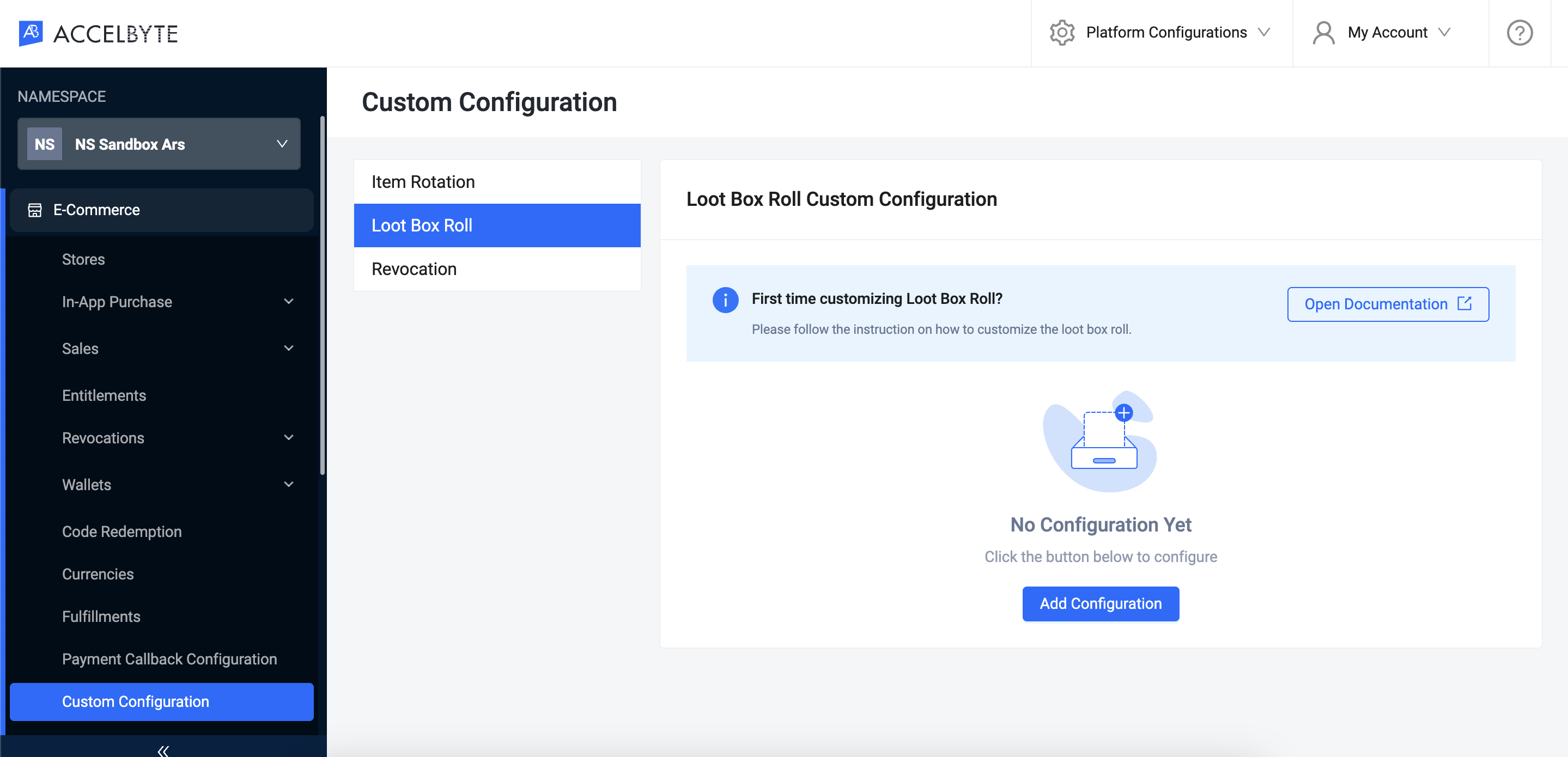 loot box roll custom configuration page in AGS Admin Portal