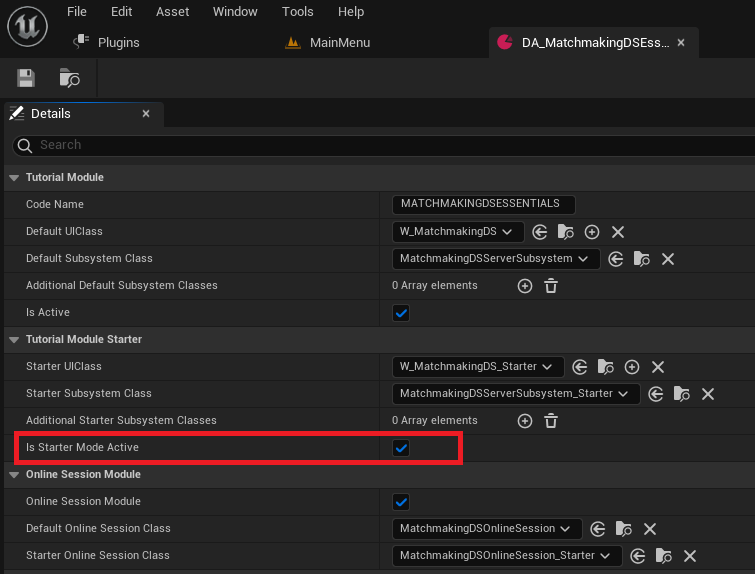 Activate tutorial module data asset starter mode