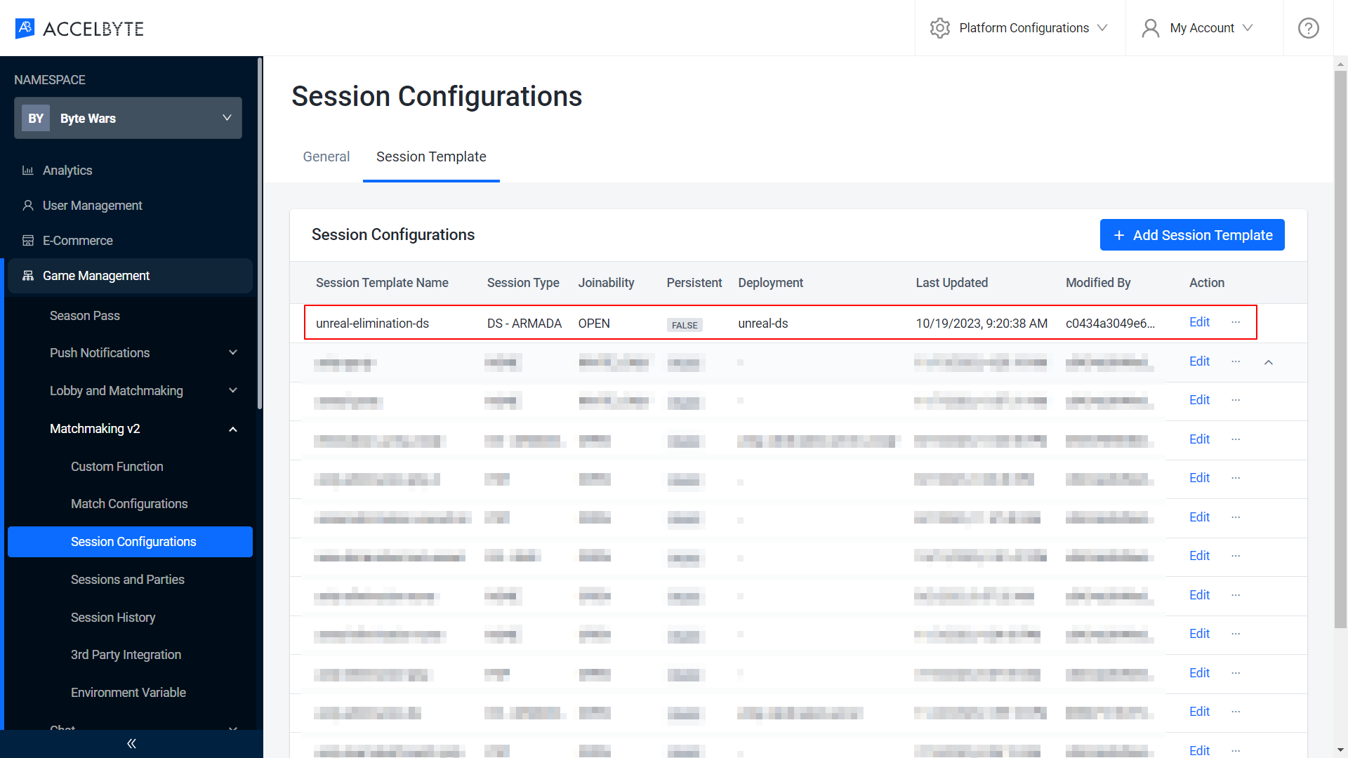 Session Template list