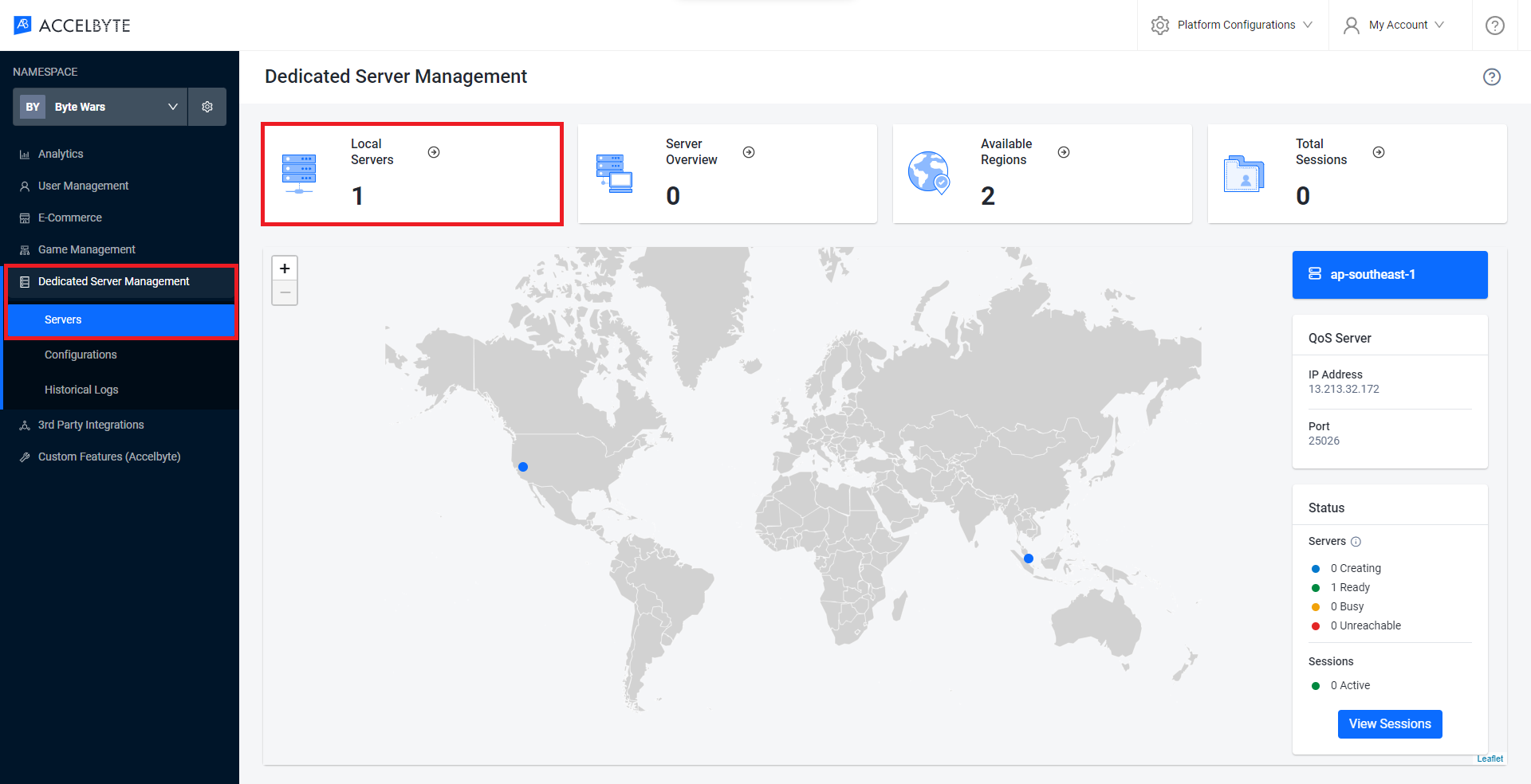 Dedicated server overview on Admin Portal